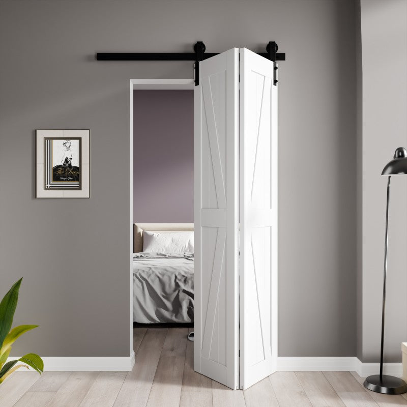 ID-AZBD04 - Waitomo Series 18 in. x 84 in. Pure White Finish MDF Interior Folding Barn Door with Hardware Kit in Matte Black