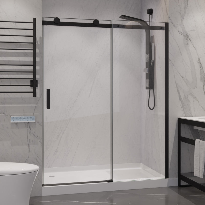 SD-FRLS05701MB - Rhodes Series 48 in. x 76 in. H Sliding Frameless Shower Door in Matte Black with Tsunami Guard Tempered Glass