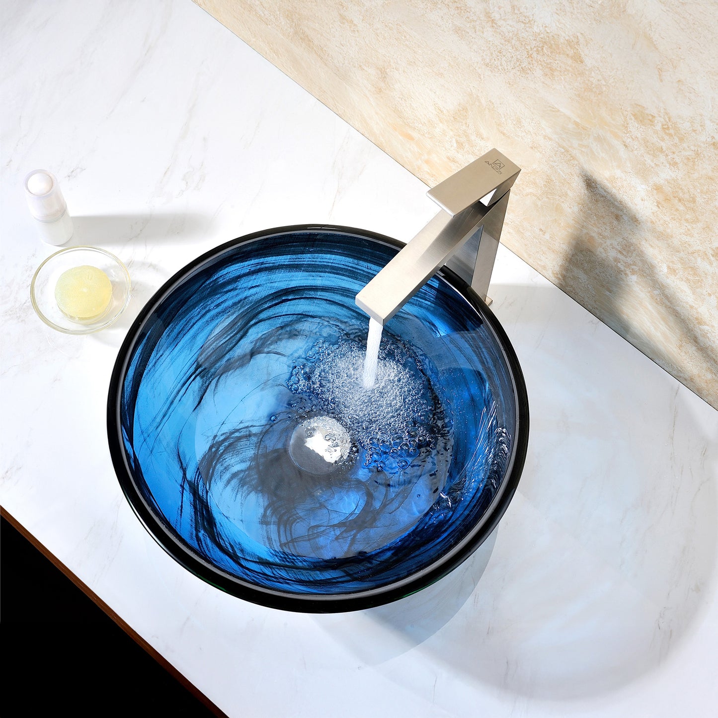 Soave Series 17 in. Bathroom Vessel Sink with Scratch-Tough and Stain-Resistant Surface in Sapphire Wisp Glass