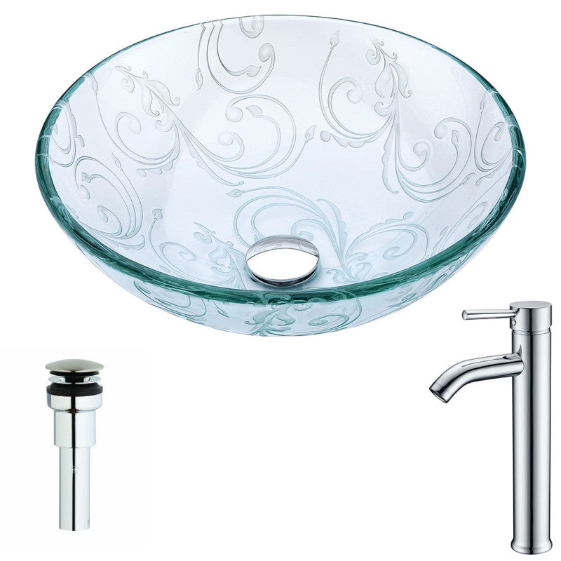 LSAZ065-041 - Vieno Series Deco-Glass Vessel Sink in Crystal Clear Floral with Fann Faucet in Chrome