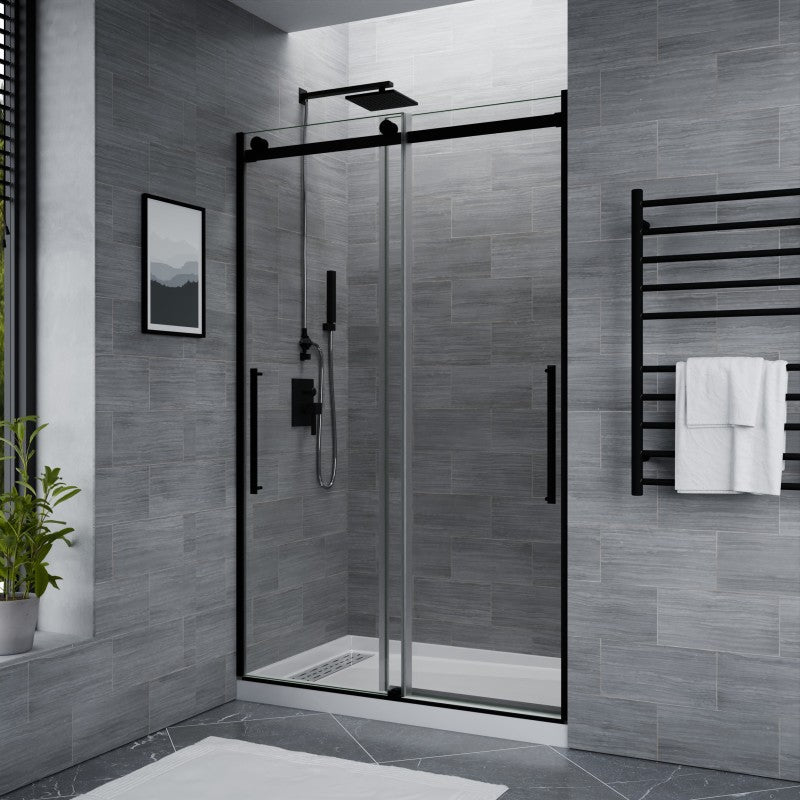 SD-FRLS05901MB - Stellar Series 48 in. x 76 in. H Sliding Frameless Shower Door in Matte Black with Tsunami Guard Tempered Glass