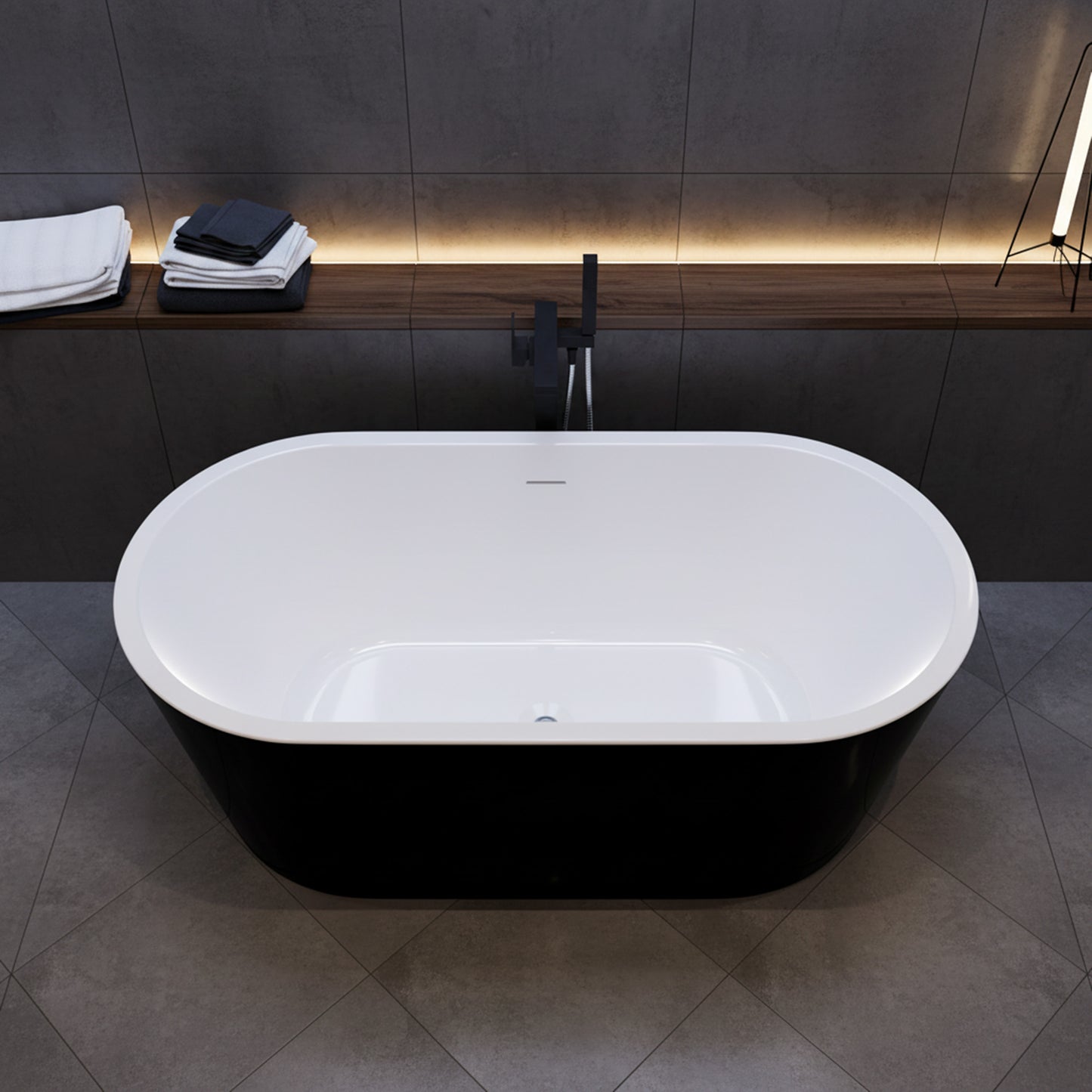 Chand Series 59 in. x 30 in. Flat Bottom Acrylic Freestanding Soaking Bathtub with Center Drain in Glossy Black