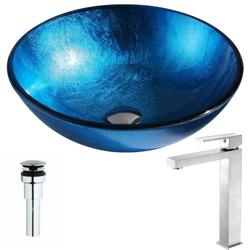 LSAZ078-096B - Arc Series Deco-Glass Vessel Sink in Lustrous Light Blue with Enti Faucet in Brushed Nickel