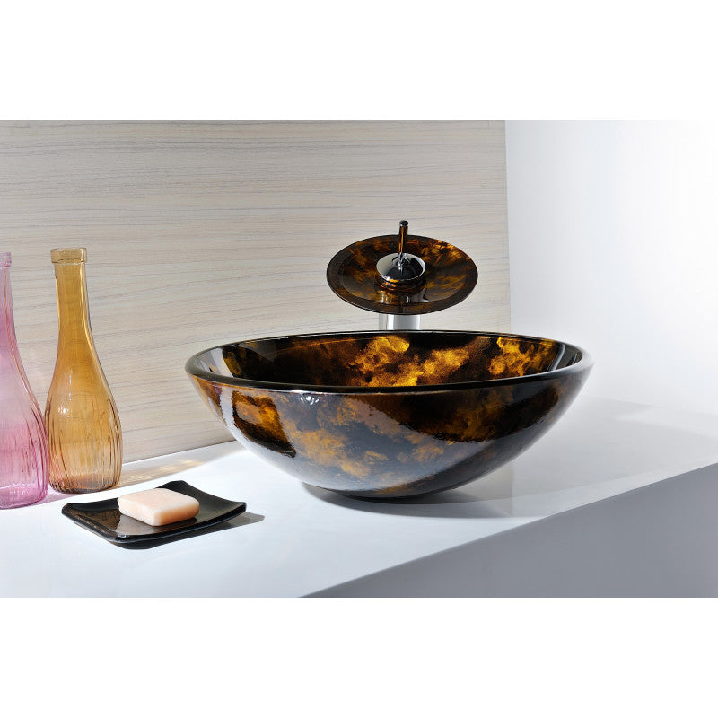 Timbre Series Deco-Glass Vessel Sink in Kindled Amber with Matching Chrome Waterfall Faucet