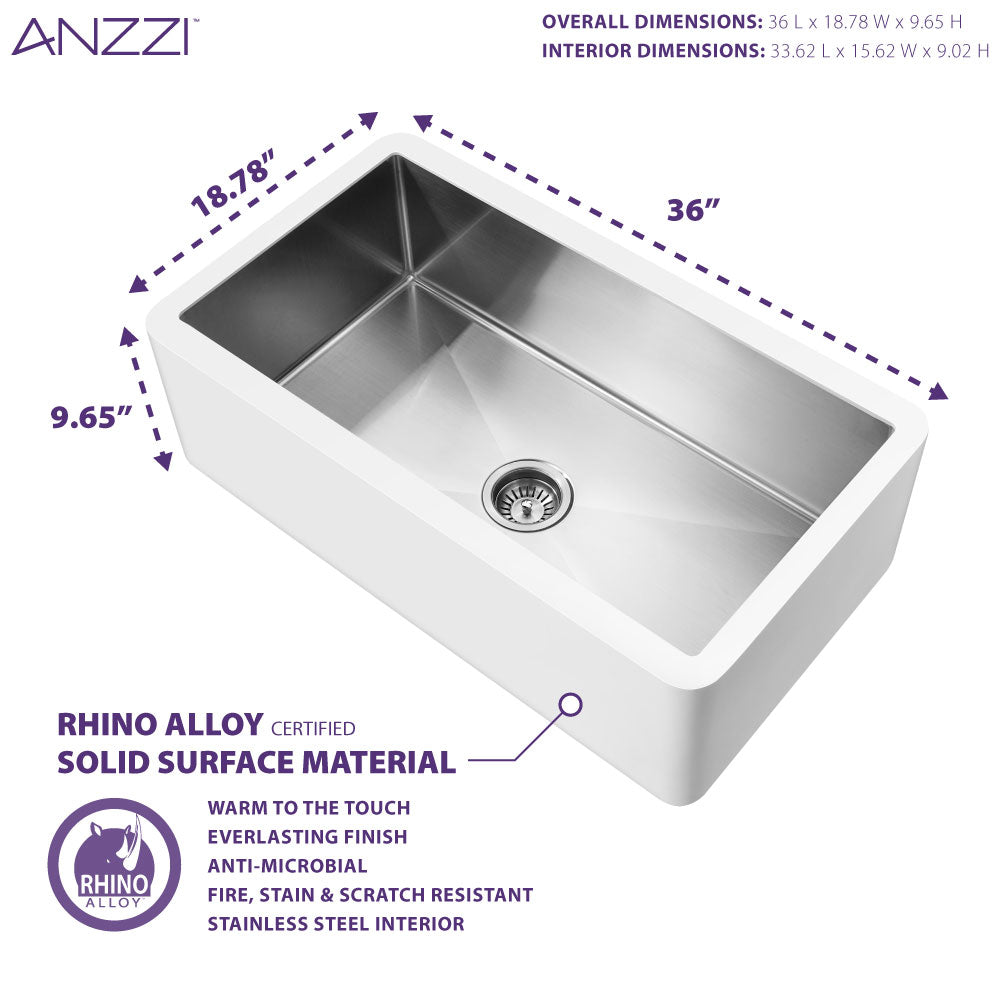 Apollo Series Farmhouse Solid Surface 36 in. 0-Hole Single Bowl Kitchen Sink with Stainless Steel Interior in Matte White