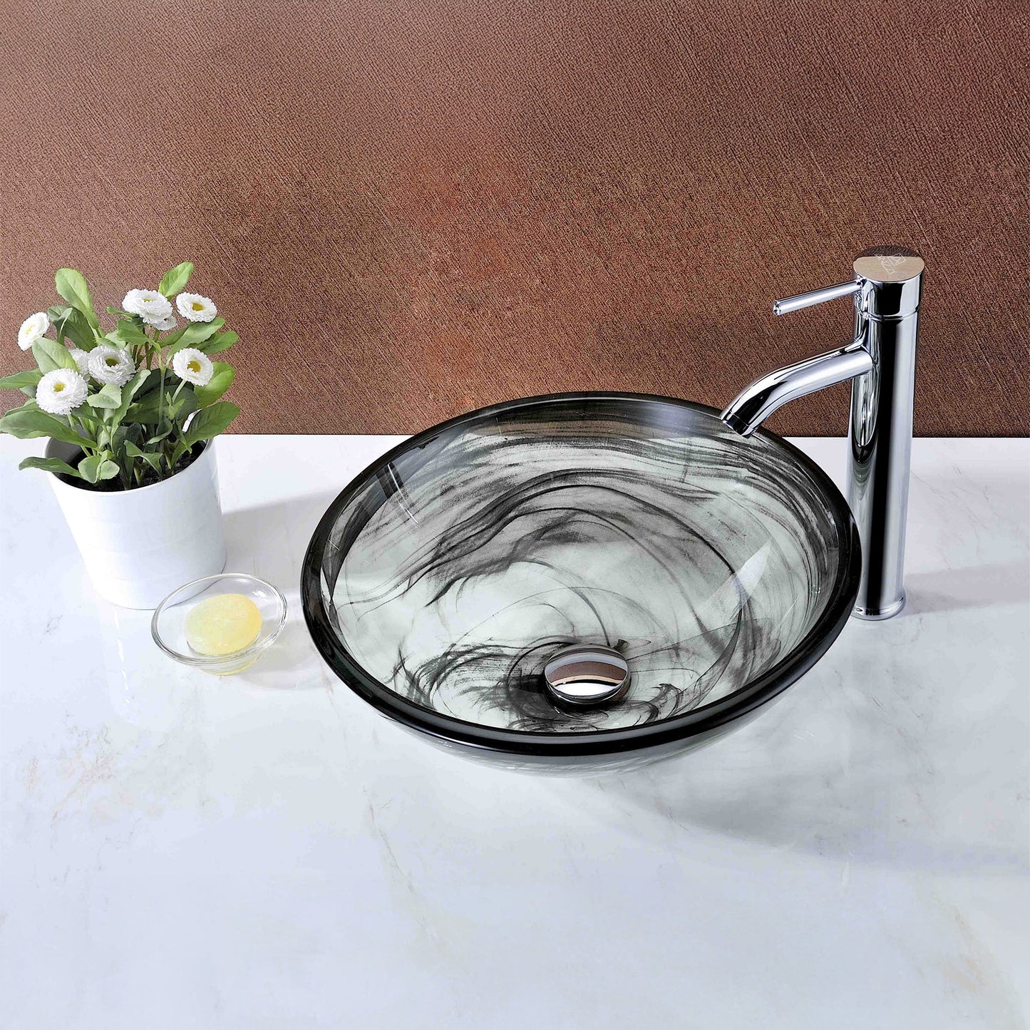 Mezzo Series 17 in. Round Bathroom Vessel Sink with Stain-Resistant Non-Porous Surface in Slumber Wisp Finish Glass