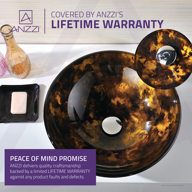 Timbre Series 17 in. Round Bathroom Vessel Sink in Kindled Amber Finish Glass with Matching Chrome Waterfall Faucet