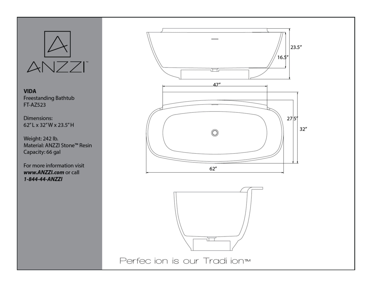 Vida 5.2 ft. Solid Surface Center Drain Freestanding Bathtub in Honey Amber