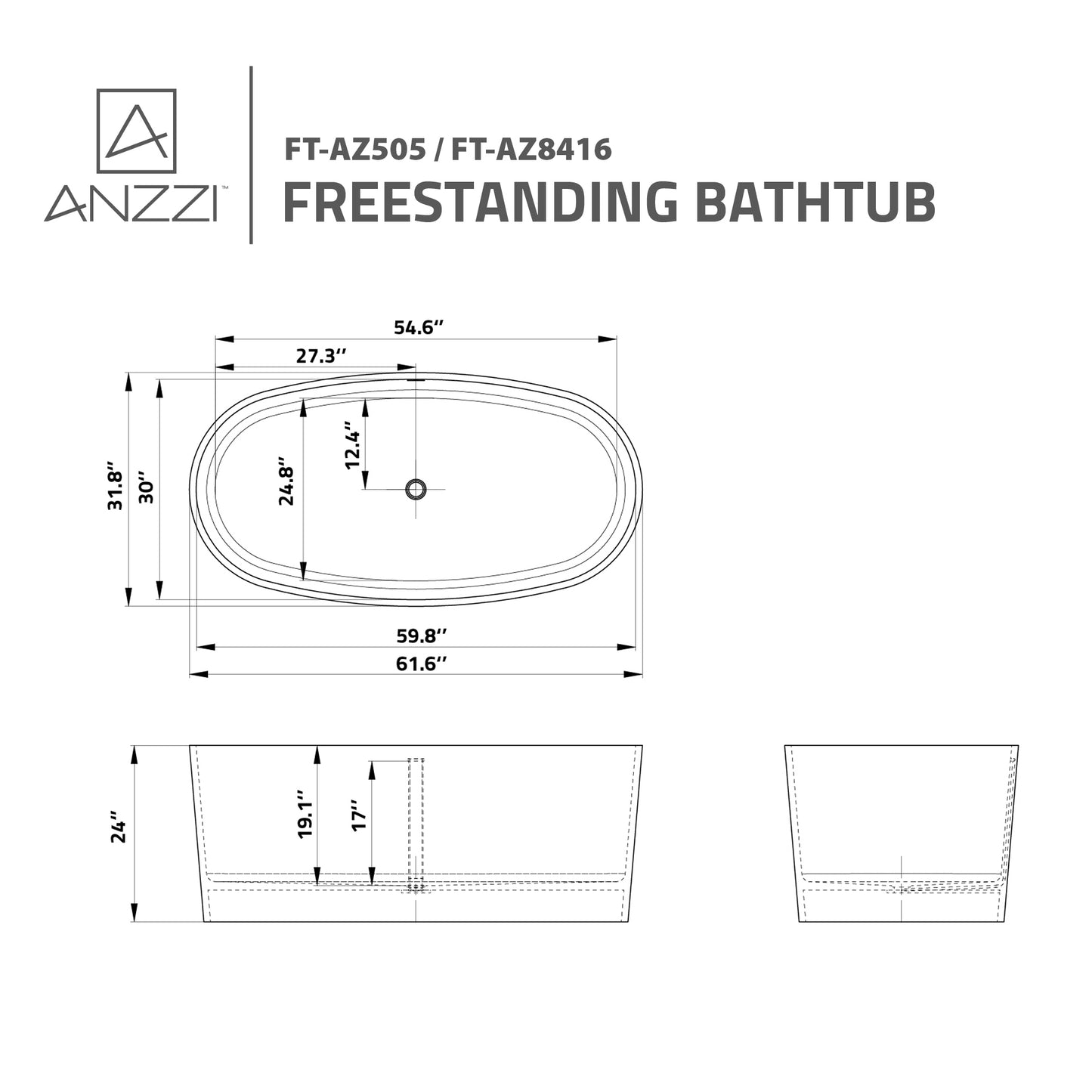 Roccia Series 61 in. x 31 in. Flat Bottom Solid Surface Freestanding Soaking Bathtub with Center Drain in Matte White