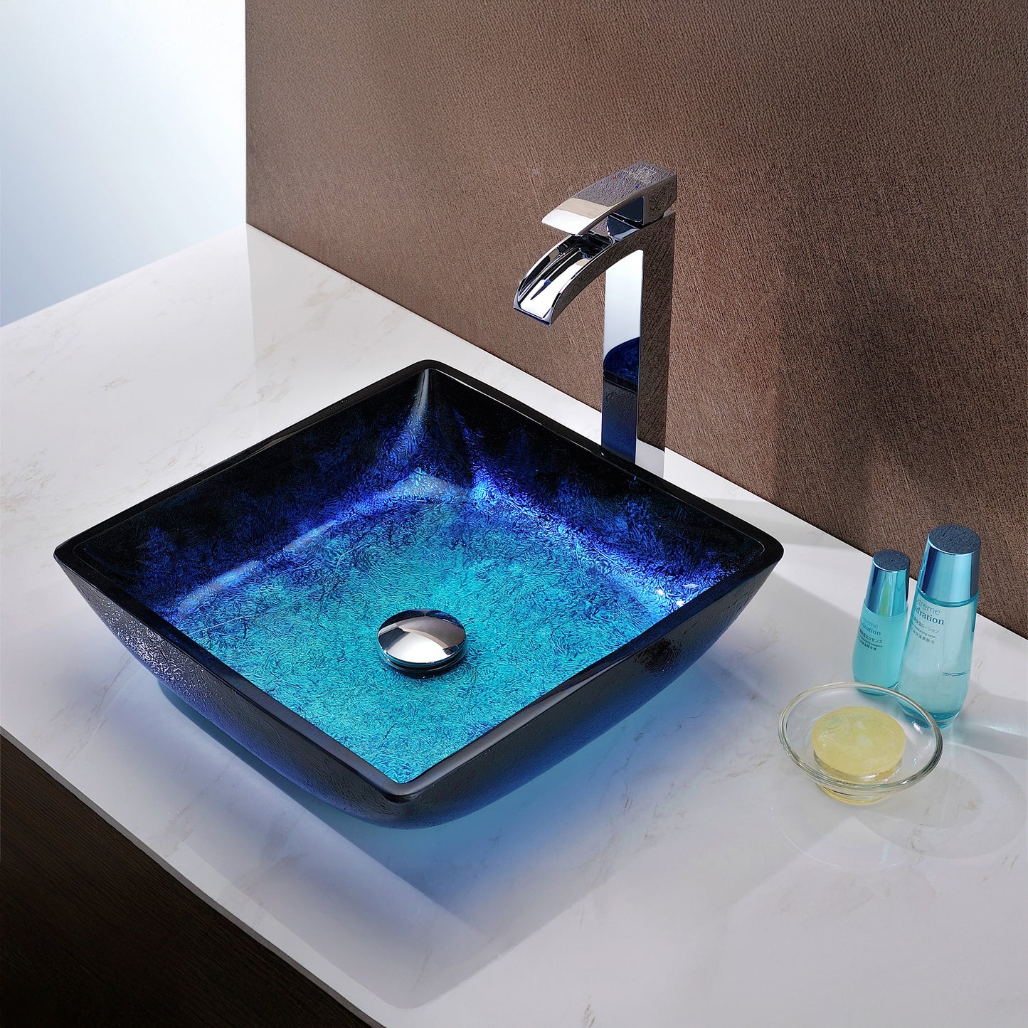 Viace Series 15 in. Bathroom Vessel Sink with Scratch-Tough and Stain-Resistant Non-Porous Surface in Blazing Blue Glass