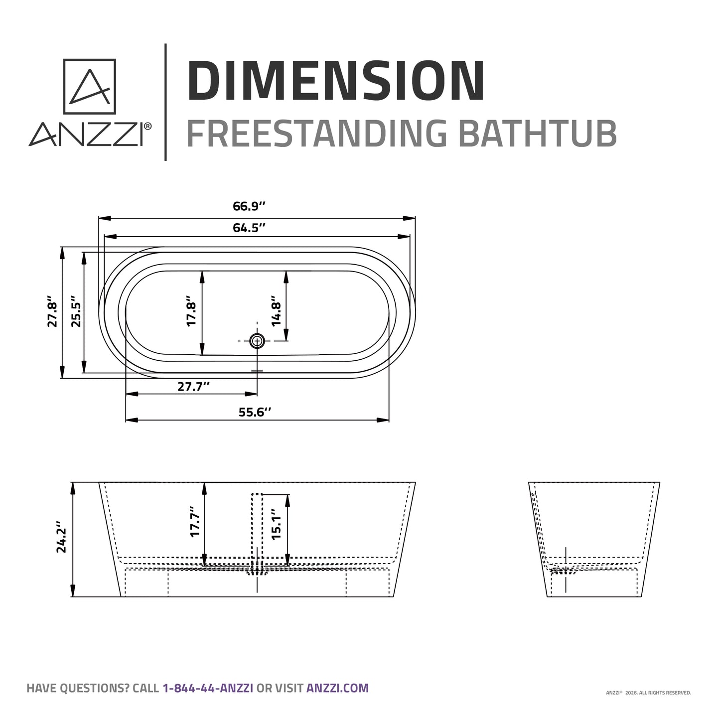 Kosima Series 67 in. x 28 in. Flat Bottom Solid Surface Freestanding Soaking Bathtub with Center Drain in Matte White