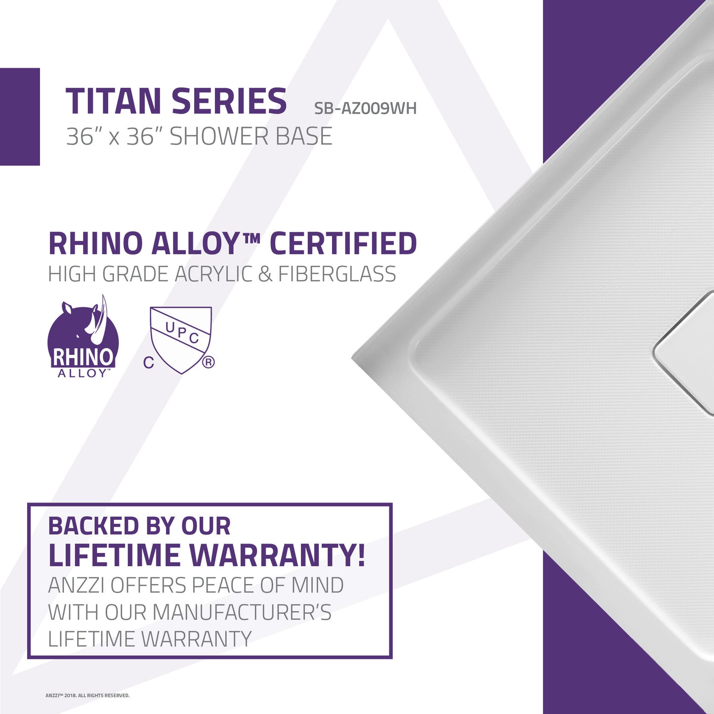 Titan Base Series 36 in. L x 36 in. W Corner Shower Shower Pan Base with Center Drain in Glossy White Marine Acrylic