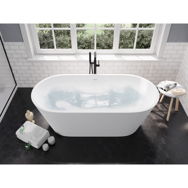 Roccia Series 61 in. x 31 in. Flat Bottom Solid Surface Freestanding Soaking Bathtub with Center Drain in Matte White