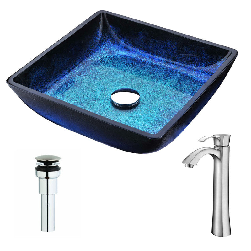 LSAZ056-095B - Viace Series Deco-Glass Vessel Sink in Blazing Blue with Harmony Faucet in Brushed Nickel