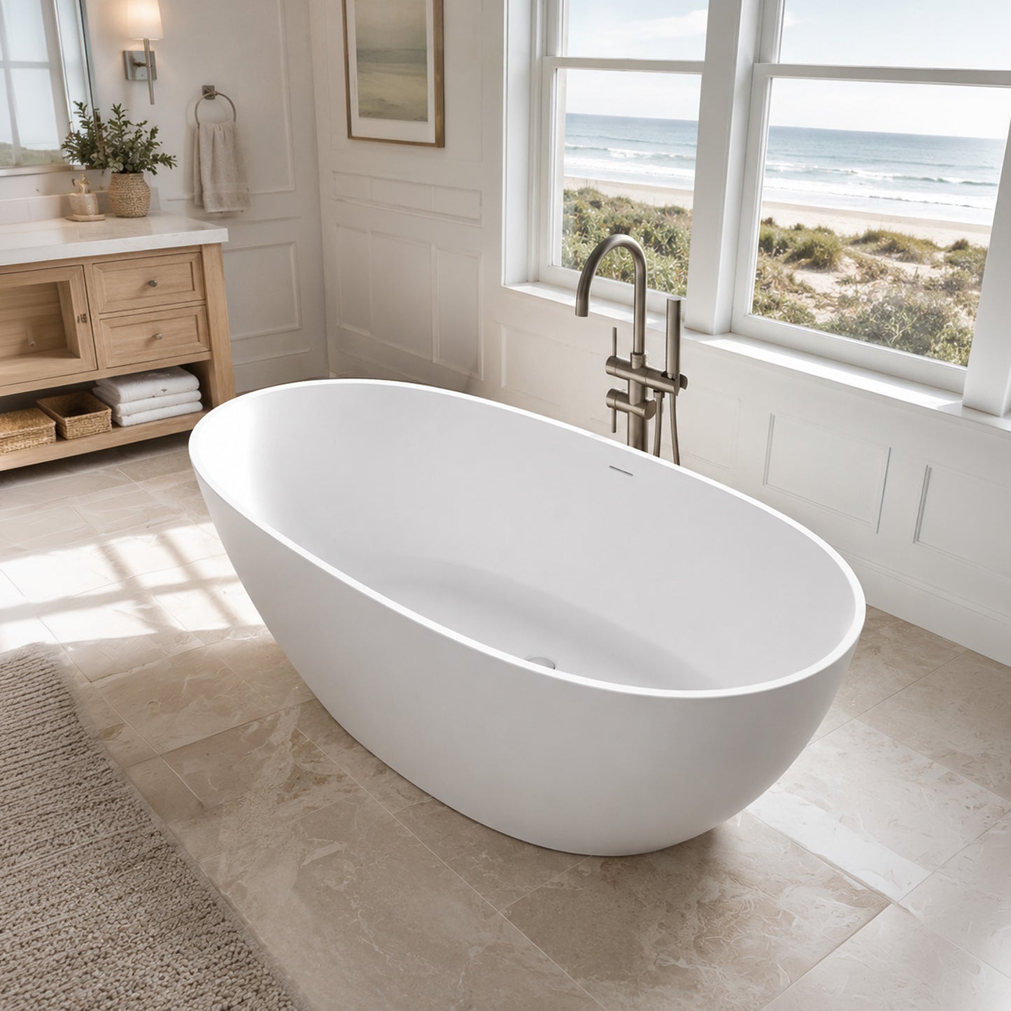 Makot 5.6 ft. Man-Made Stone Center Drain Freestanding Bathtub in Matte White