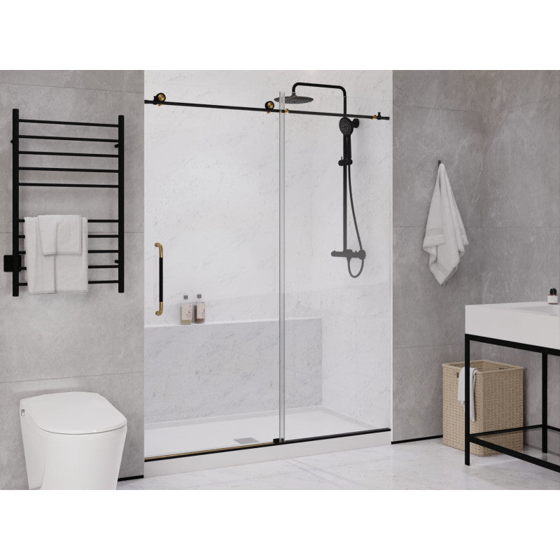 Madam Series 76-in. x 60-in. Frameless Sliding Shower Door in Matte Black and Brushed Gold