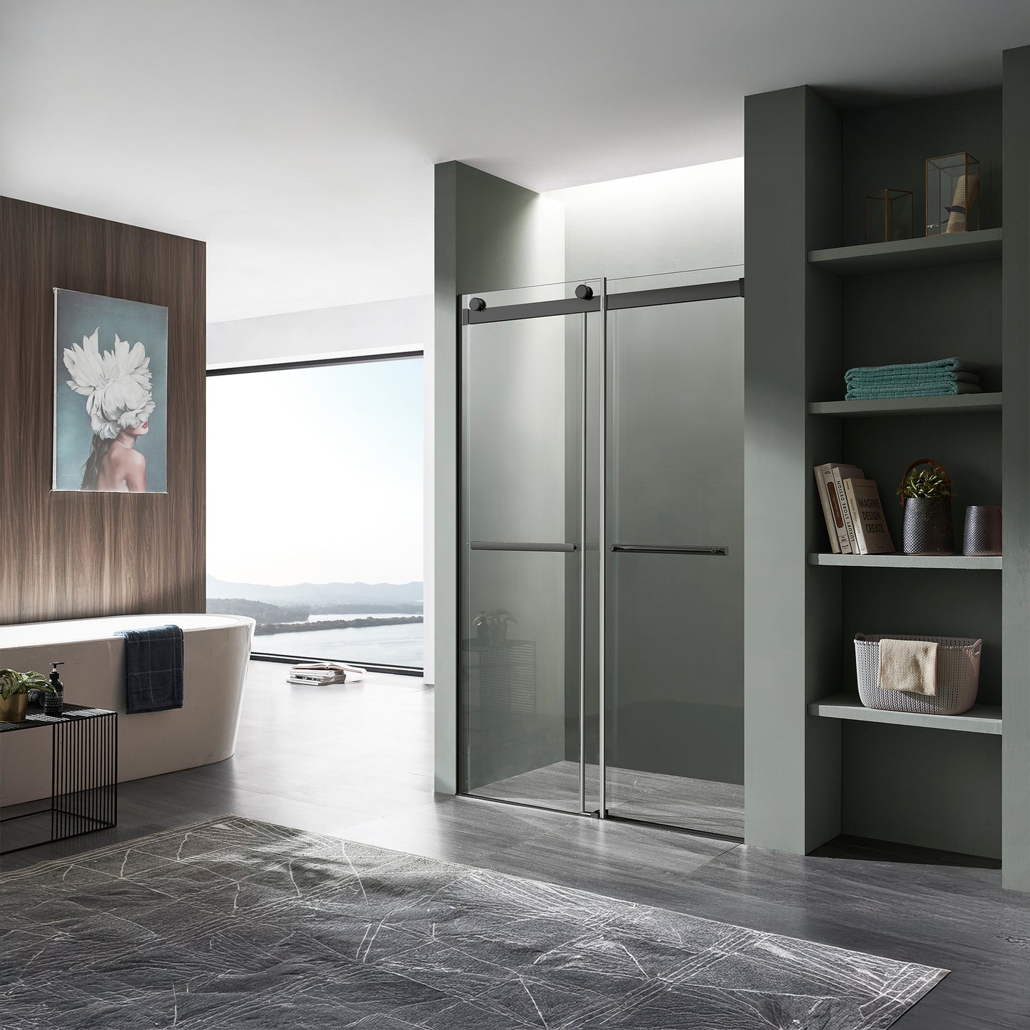 Kahn Series 48 in. x 76 in. Frameless Sliding Shower Door with Horizontal Handle
