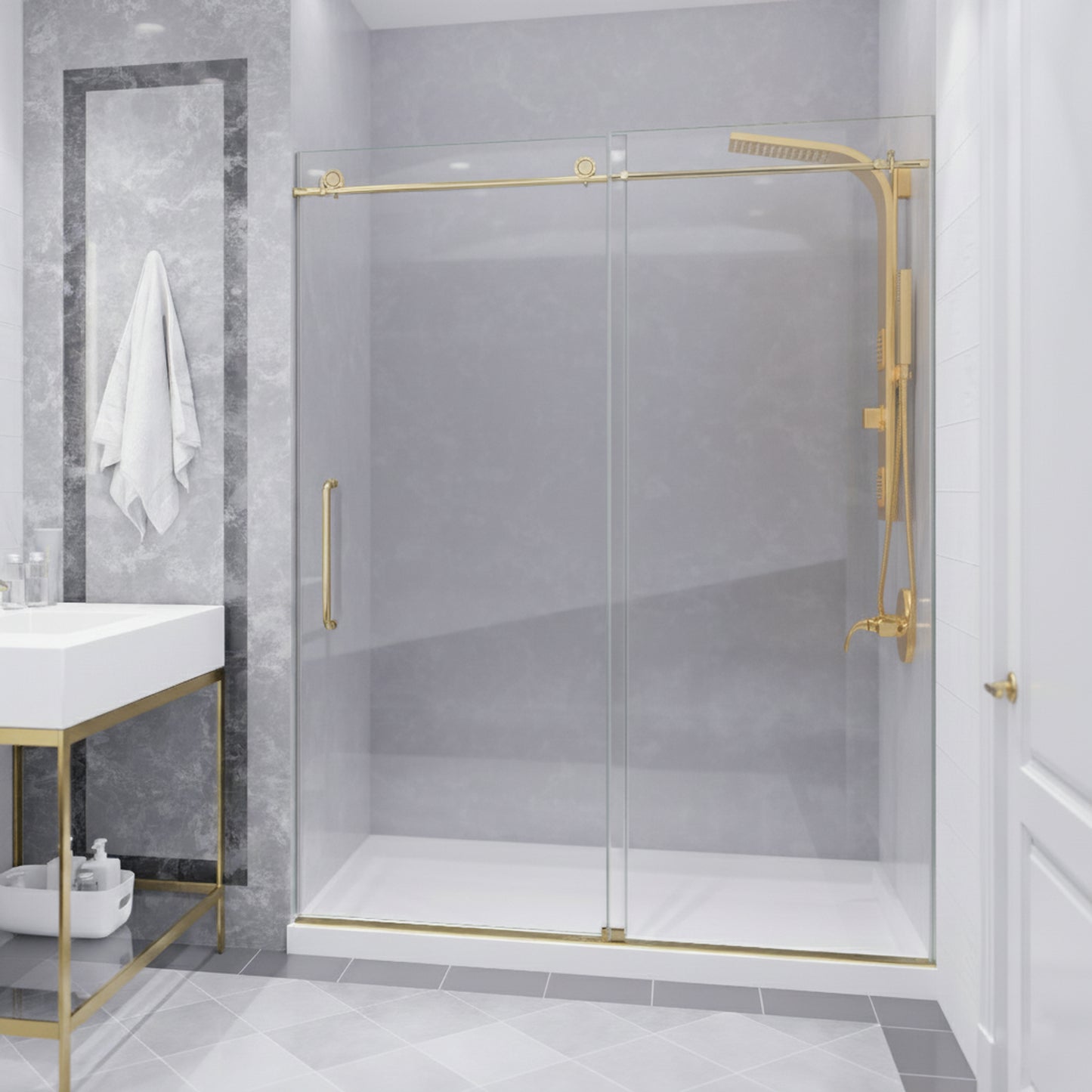 Leon Series 60 in. by 76 in. Frameless Sliding Shower Door with Handle