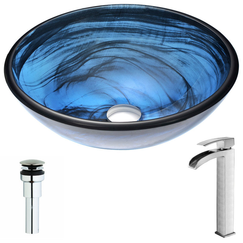 LSAZ048-097B - Soave Series Deco-Glass Vessel Sink in Sapphire Wisp with Key Faucet in Brushed Nickel