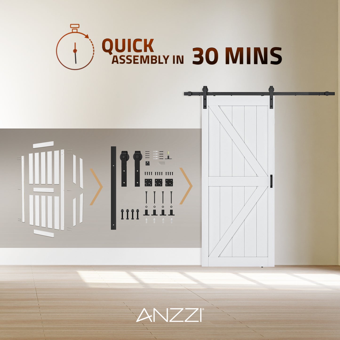 Grotto Series 36 in. x 84 in. Pure White Finish MDF Interior Sliding Barn Door with Hardware Kit in Matte Black