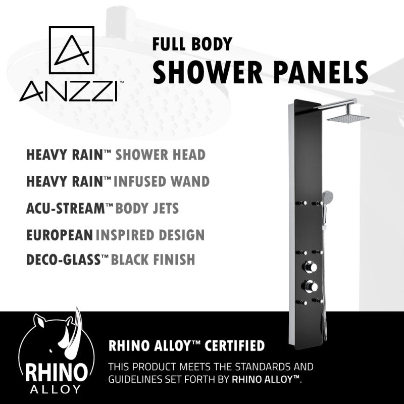 Melody 59 in. 6-Jetted Shower Panel with Heavy Rain Shower and Spray Wand in Black Deco-Glass