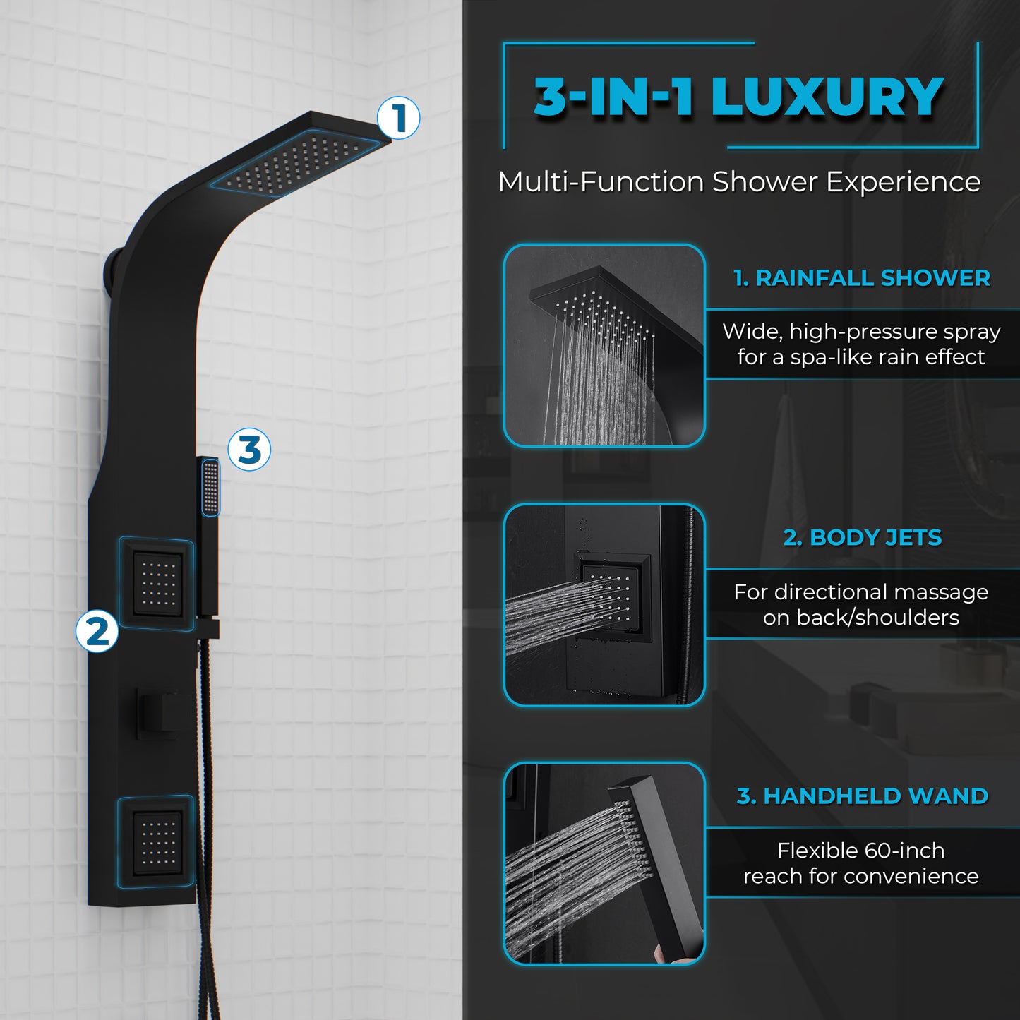 Aura 2-Jetted Shower Panel with Heavy Rain Shower & Spray Wand