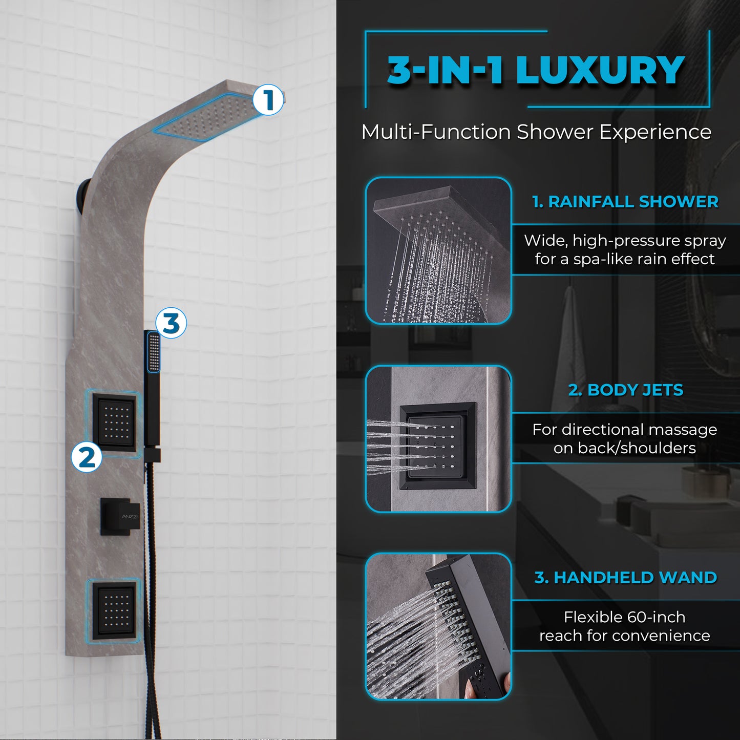 Aura 2-Jetted Shower Panel with Heavy Rain Shower & Spray Wand