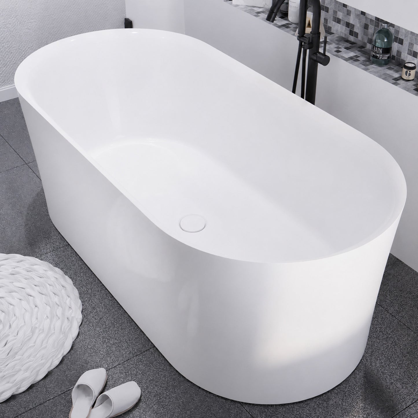Jericho Series 67 in. x 32 in. Flat Bottom Acrylic Freestanding Air Jetted Bathtub with Center Drain in Glossy White
