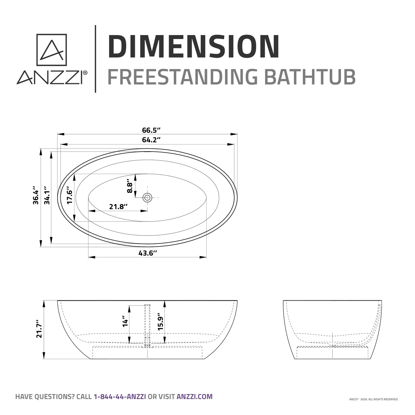 Hangiri 5.5 ft. Solid Surface Center Drain Freestanding Bathtub in Matte White
