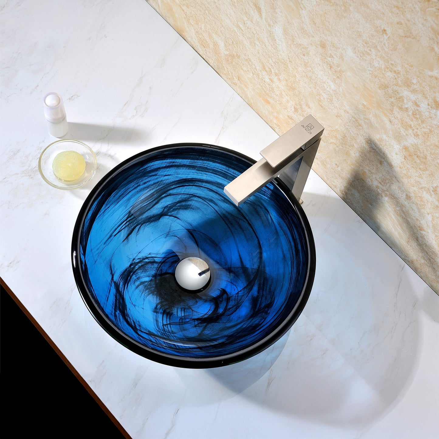 Soave Series 17 in. Bathroom Vessel Sink with Scratch-Tough and Stain-Resistant Surface in Sapphire Wisp Glass