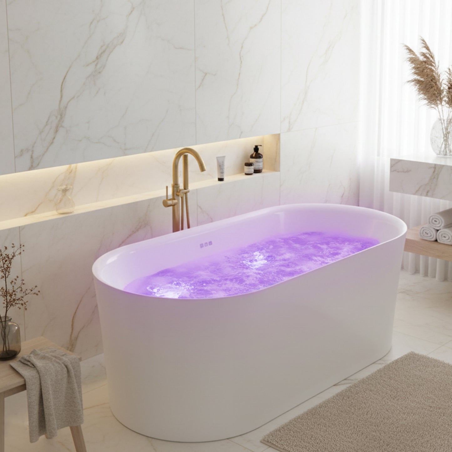 Jericho Series 67 in. x 32 in. Flat Bottom Acrylic Freestanding Air Jetted Bathtub with Center Drain in Glossy White
