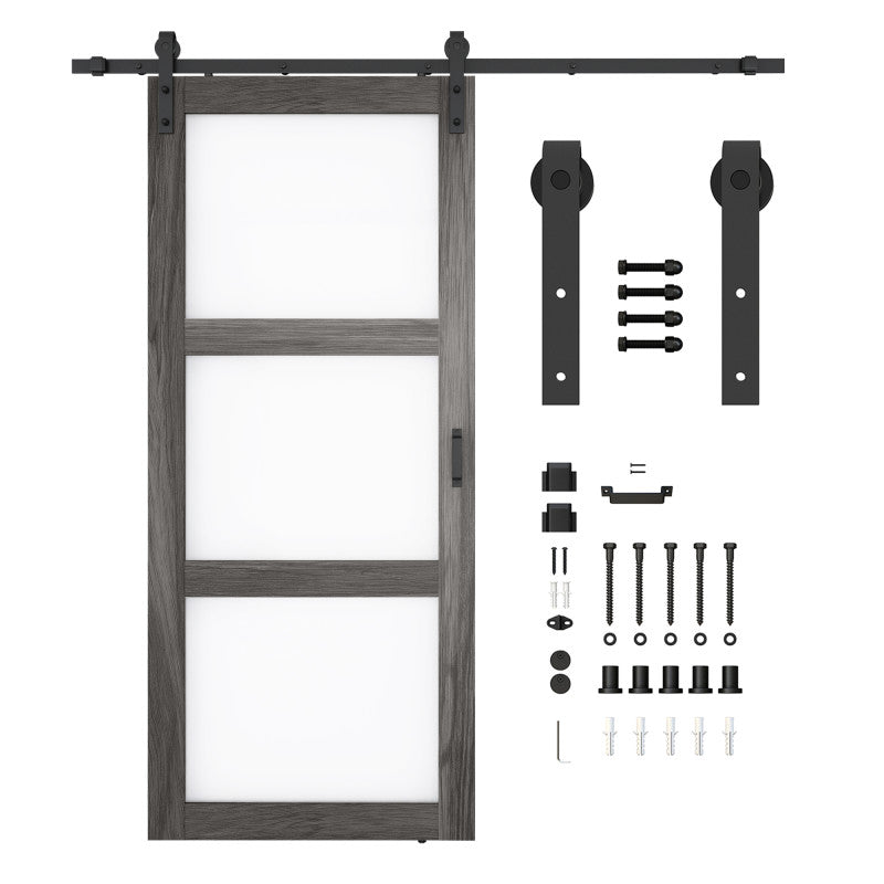 Sonora Series 36 in. x 84 in. Dark Gray MDF Interior Sliding Barn Door with Frosted Glass and Hardware Kit in Matte Black