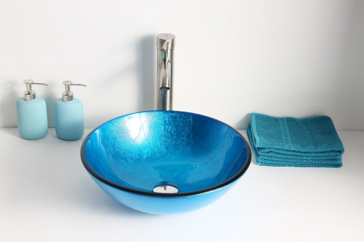 Arc Series Deco-Glass Vessel Sink in Lustrous Light Blue Finish