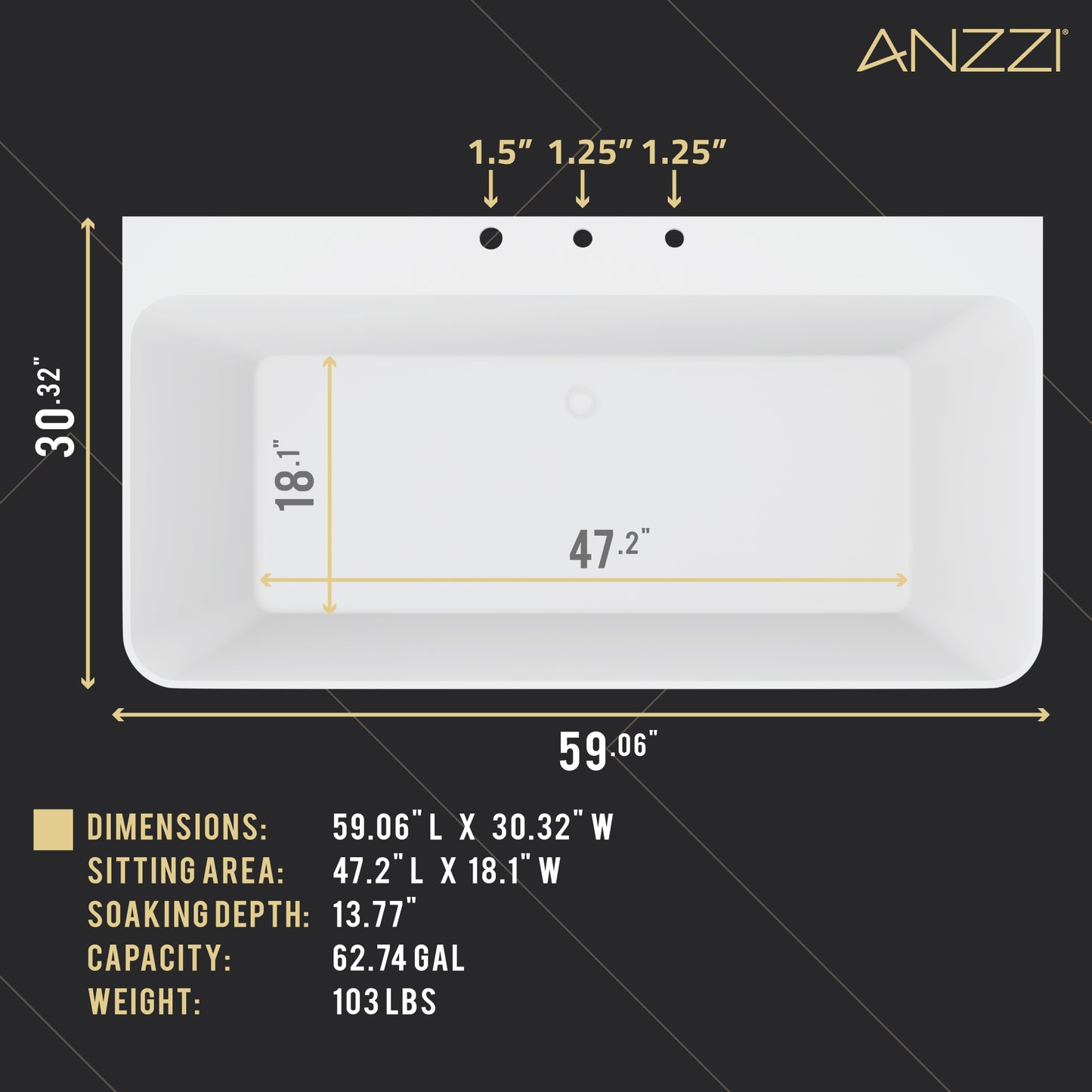 Vault Series 59 in. x 30 in. Flat Bottom Acrylic Freestanding 63 Gallon Soaking Bathtub with Center Drain in White