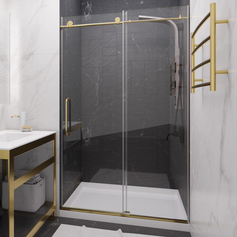 SD-AZ8077-01BG - Leon Series 48 in. by 76 in. Frameless Sliding Shower Door in Brushed Gold with Handle