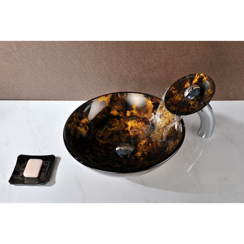 Toa Series 17 in. Round Bathroom Vessel Sink in Kindled Amber Finish Glass with Matching Chrome Waterfall Faucet