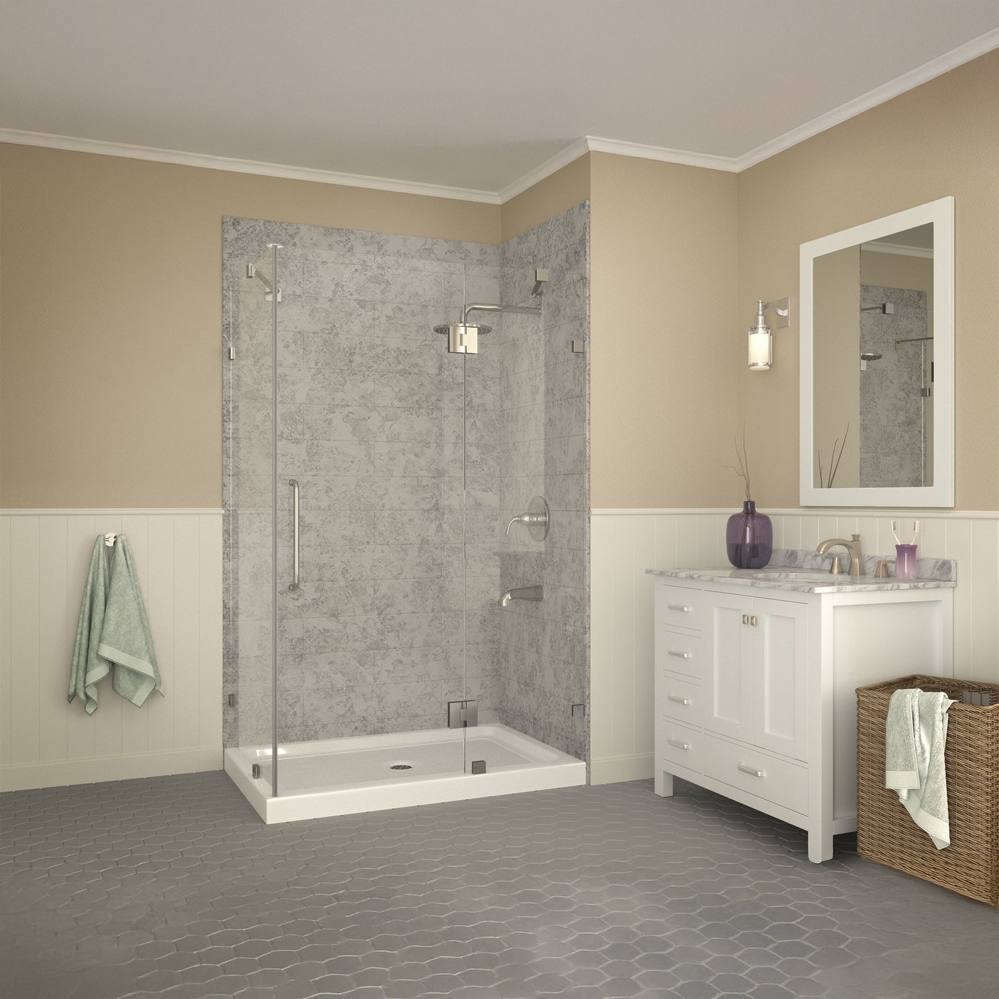 Port Base Series 36 in. L x 48 in. W Corner Shower Shower Pan Base with Center Drain in Glossy White Marine Acrylic