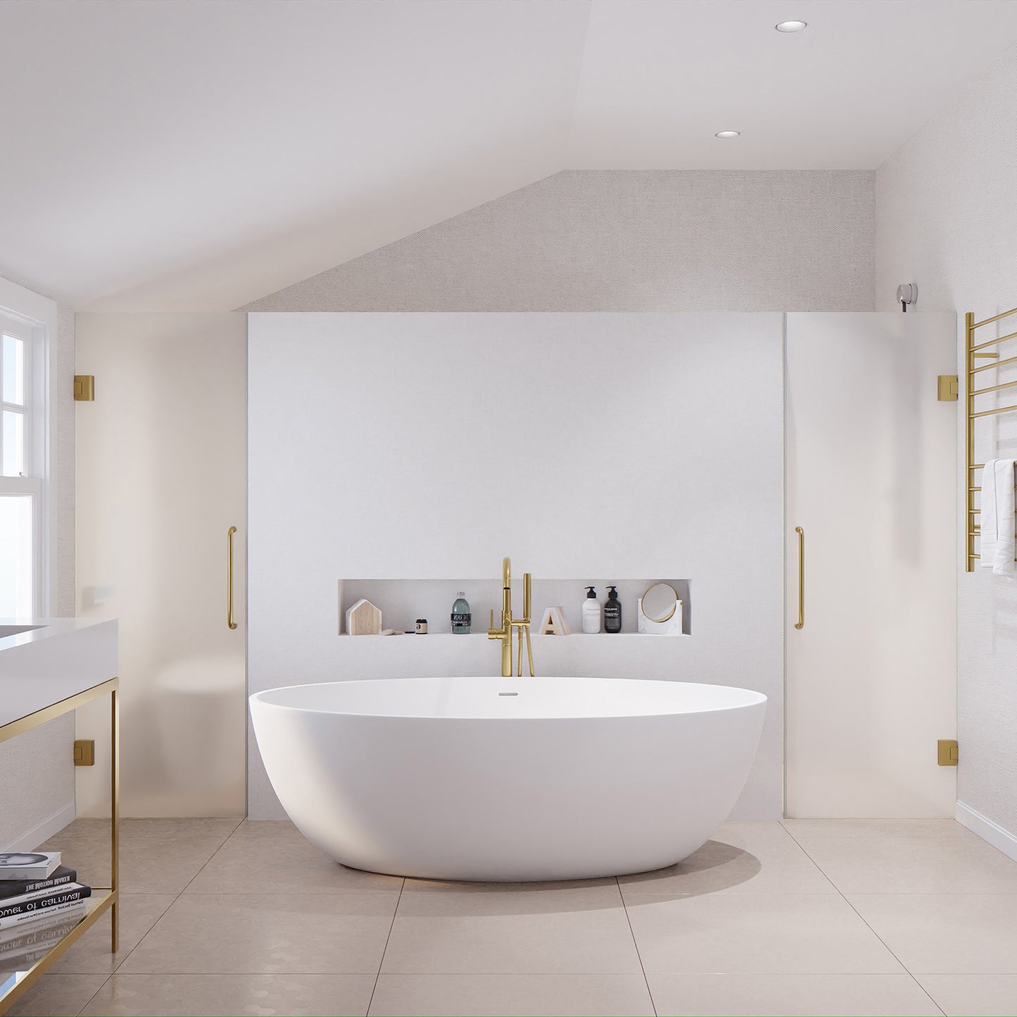 Hangiri 5.5 ft. Solid Surface Center Drain Freestanding Bathtub in Matte White