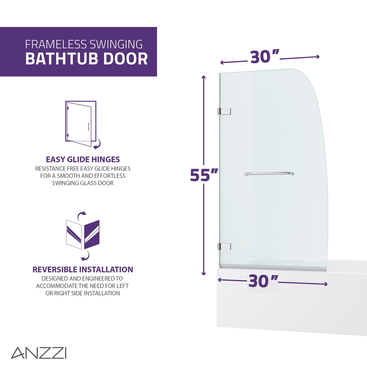 Vensea Series 31.5 in. by 56 in. Frameless Hinged Tub Door