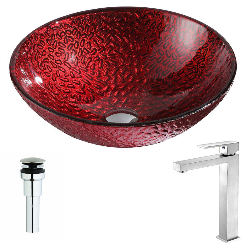 LSAZ080-096B - Rhythm Series Deco-Glass Vessel Sink in Lustrous Red with Enti Faucet in Brushed Nickel