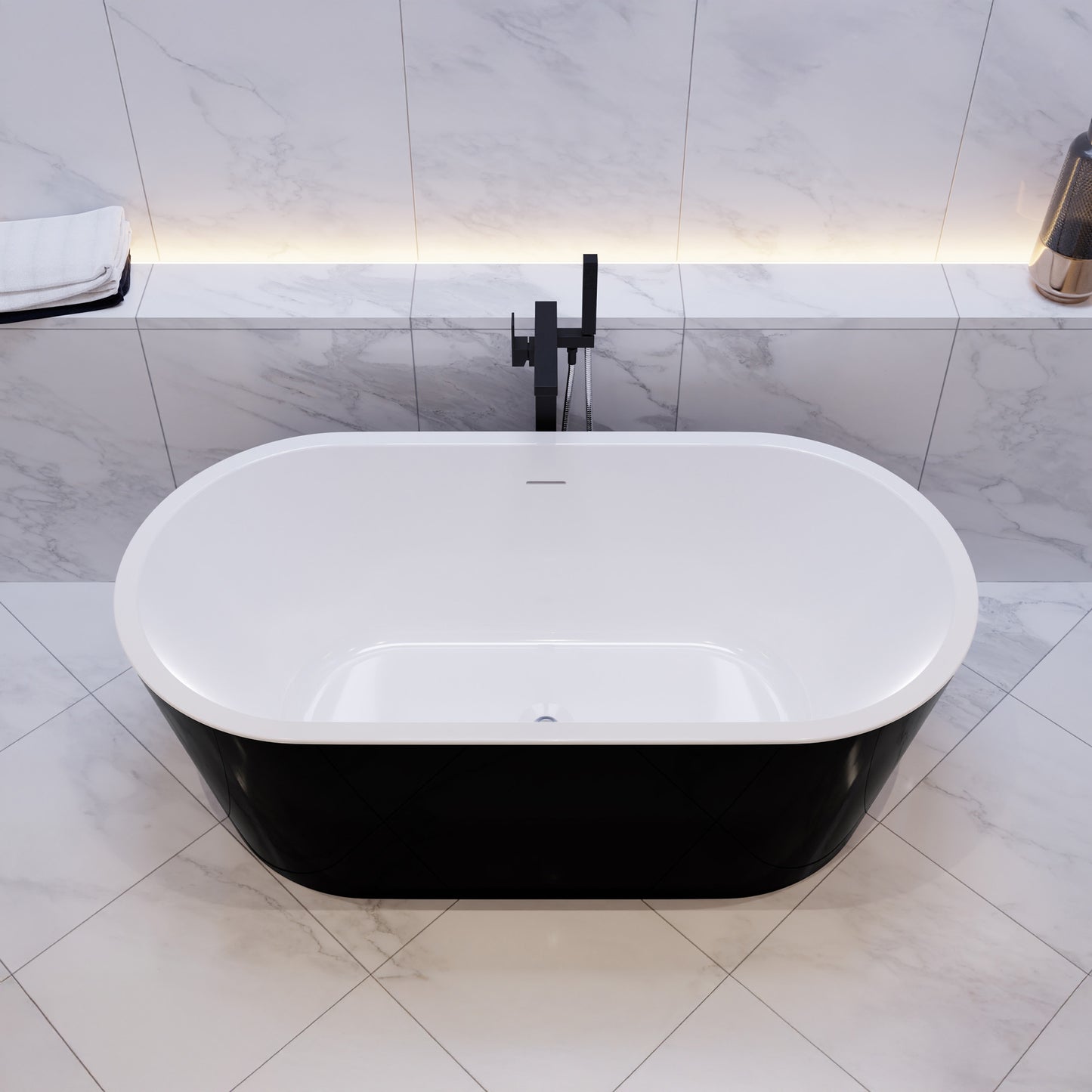 Chand Series 67 in. x 32 in. Flat Bottom Acrylic Freestanding Soaking Bathtub with Center Drain in Glossy Black