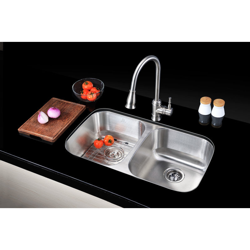 Moore Series 14.625 in. Undermount Double Bowl 16 Gauge Brushed Satin Finish Stainless Steel Kitchen Sink with Drain