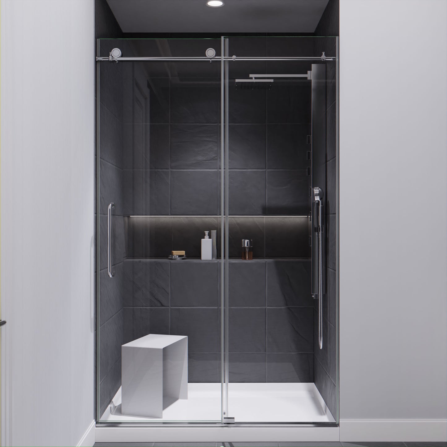 Leon Series 48 in. by 76 in. Frameless Sliding Shower Door with Handle