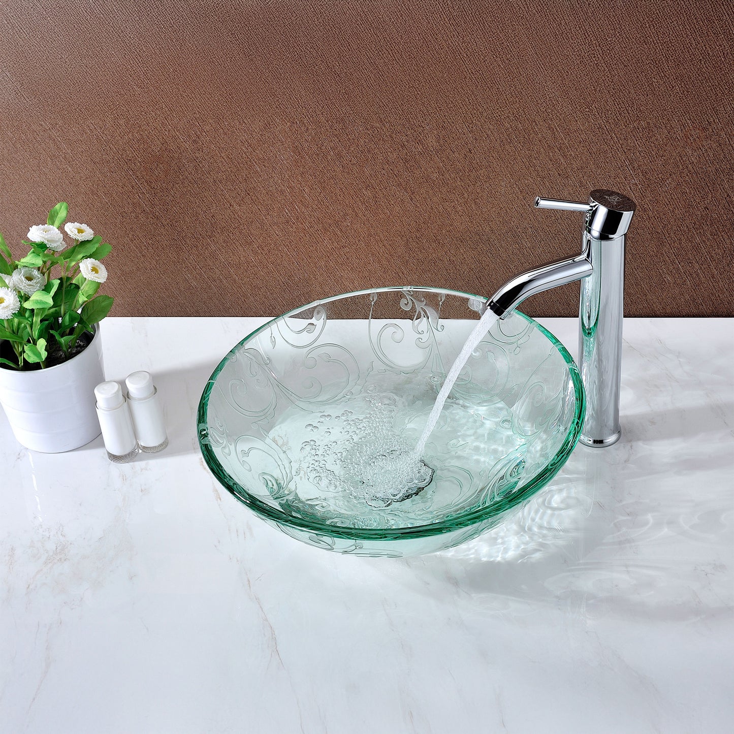 Vieno Series 17 in. Bathroom Vessel Sink with Scratch-Tough and Stain-Resistant Non-Porous Surface in Clear Floral Glass