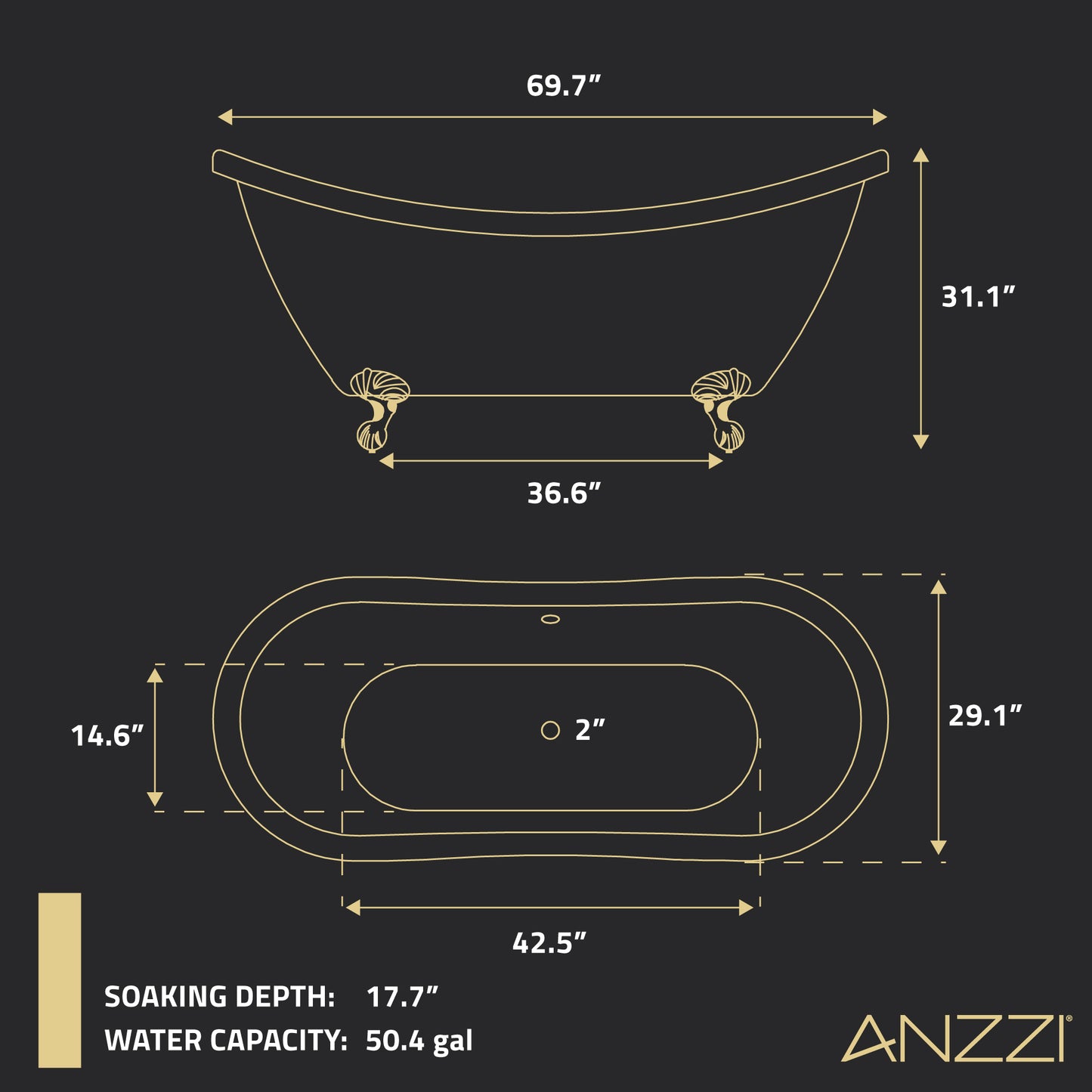 Falco Series 70 in. x 29 in. Soaking Freestanding Bathtub with Center Drain in Glossy White with Brushed Gold Feet