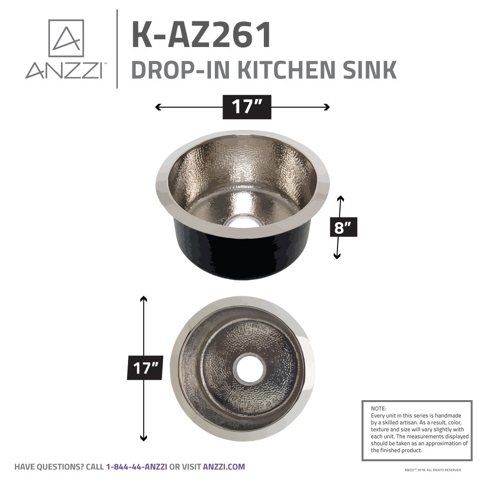 Compass Drop-in Handmade Copper 17 in. 0-Hole Single Bowl Kitchen Sink in Hammered Nickel