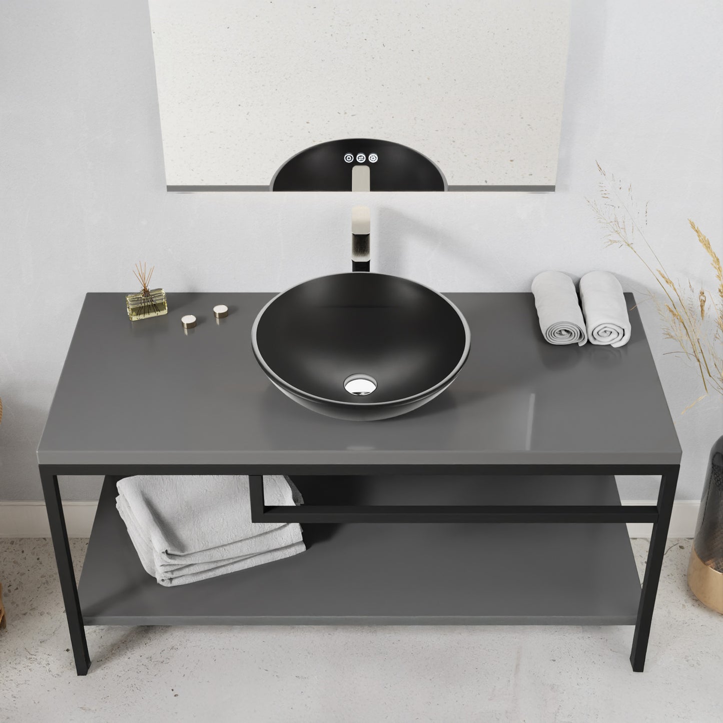 Amalfi Series 17 in. L x 17 in. W Round Bathroom Vessel Sink in Matte Black Finish Glass with Chrome Pop-Up Drain