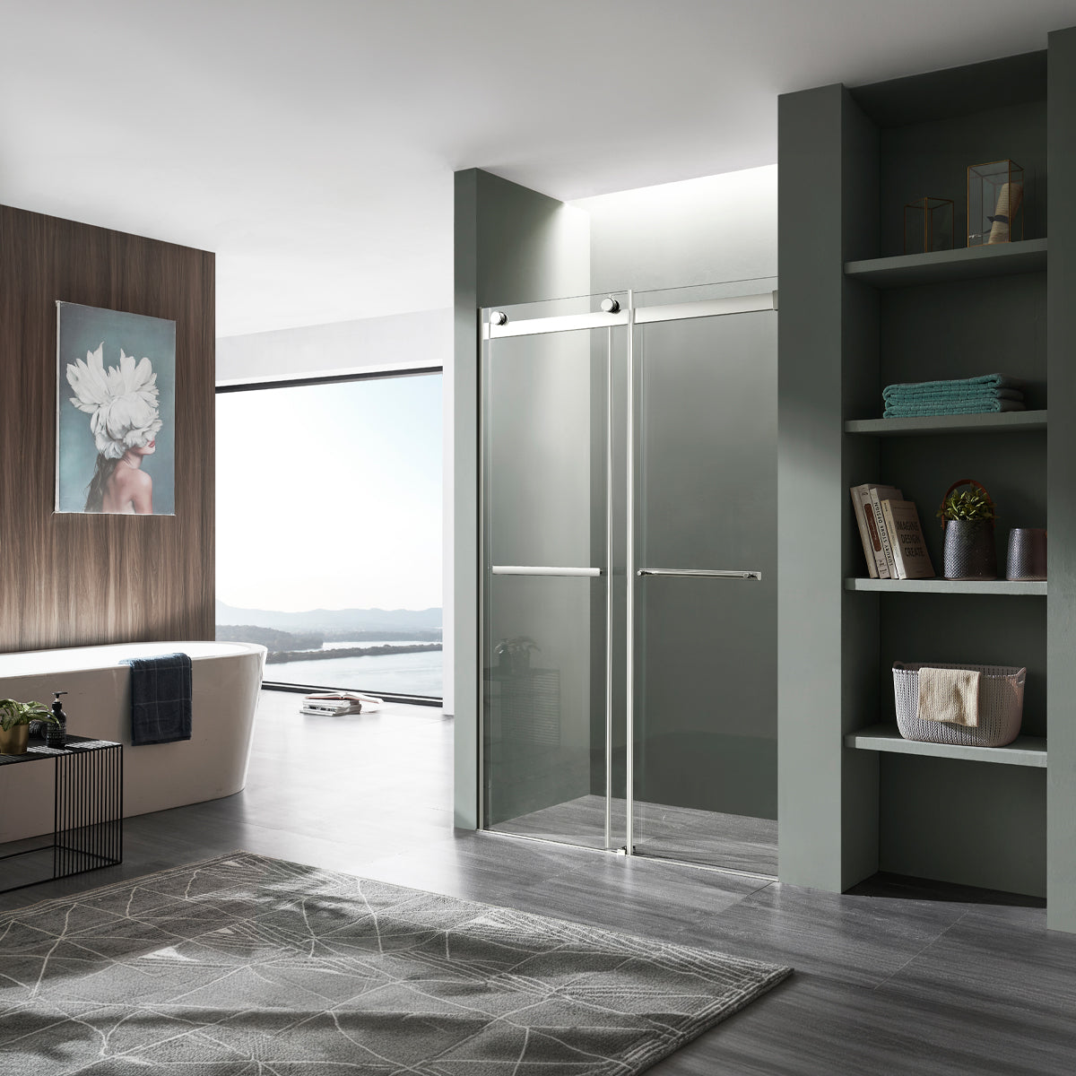 Kahn Series 48 in. x 76 in. Frameless Sliding Shower Door with Horizontal Handle