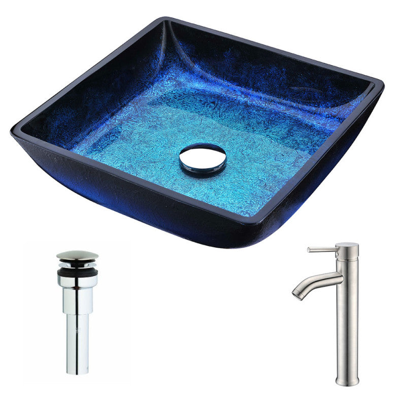 LSAZ056-040 - Viace Series Deco-Glass Vessel Sink in Blazing Blue with Fann Faucet in Brushed Nickel