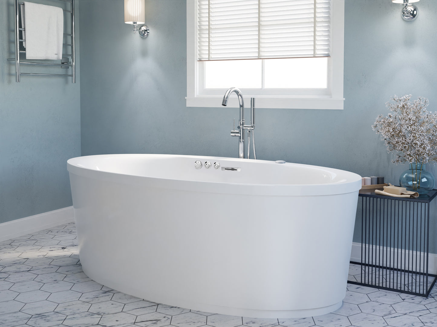 Heidi Series 67 in. x 34 in. Acrylic Combination 50 Gallon Capacity Freestanding Bathtub with Center Drain in White
